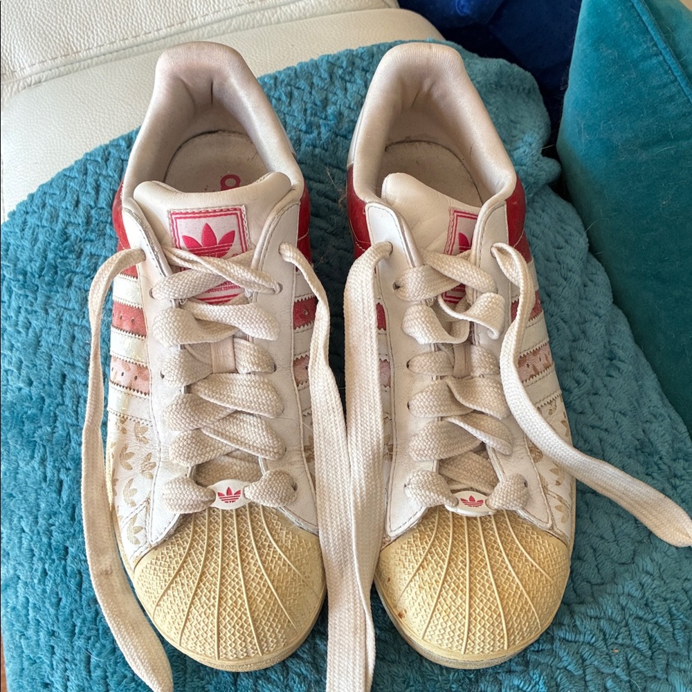 Adidas Red and Cream Shell Toe Sneakers